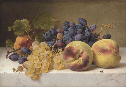 A Still Life with Peaches and Grapes on a Marble Ledge